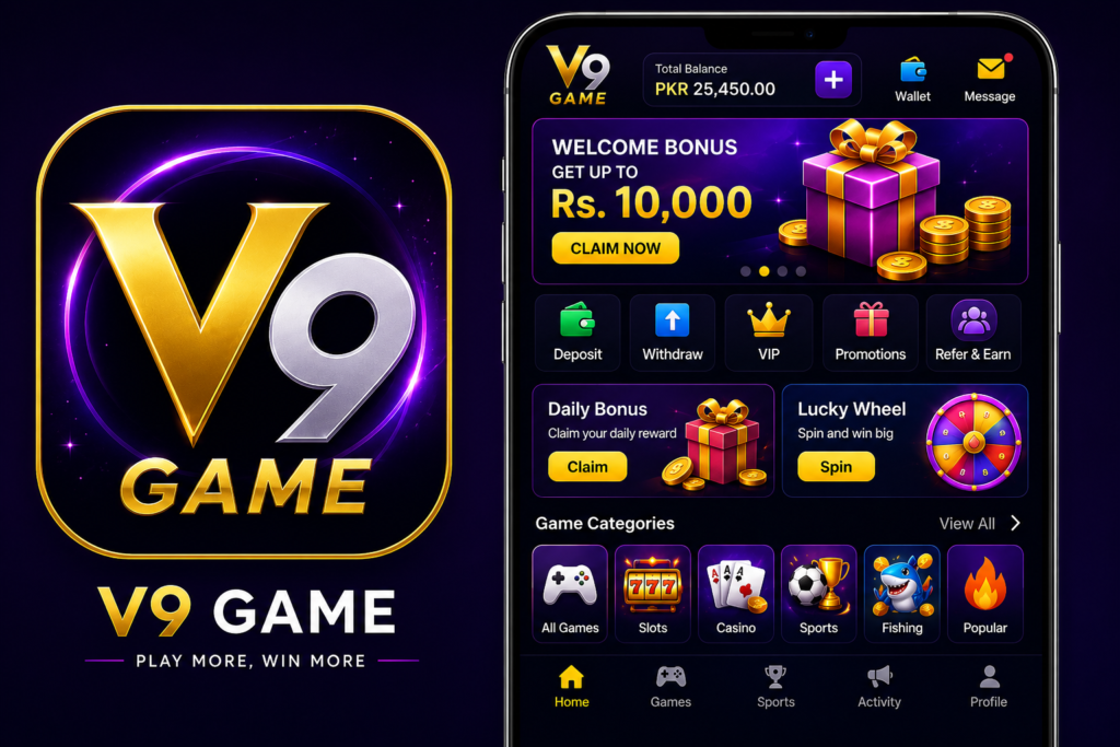 V9 Game home screen displaying the dashboard with welcome bonus, wallet, daily rewards, game categories, promotions, and navigation menu.