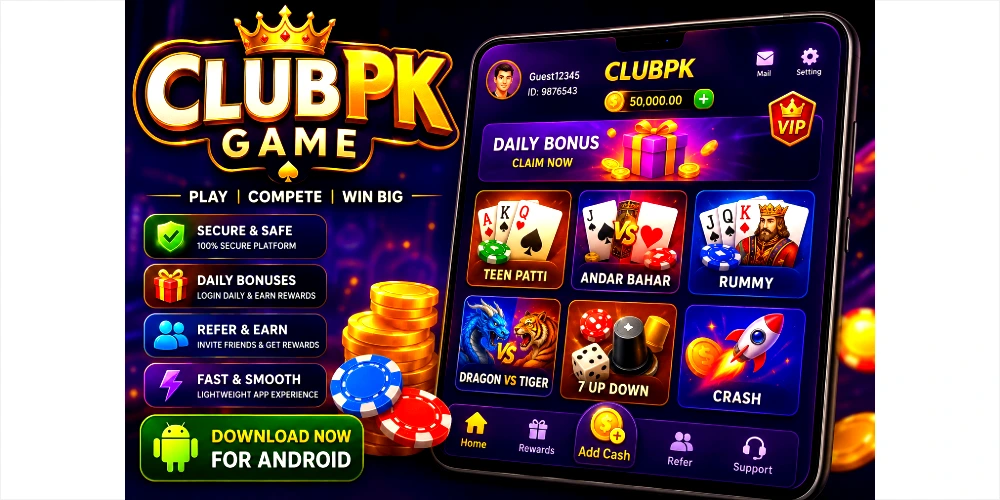 ClubPK Game APK home screen showing the main dashboard, game categories, bonuses, and Android interface