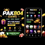 Pak804 Game APK download featured image showing the mobile gaming app interface, welcome bonus, and popular online games.
