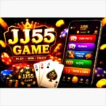 JJ55 Game app icon with golden logo, playing cards, poker chips, and premium casino theme.