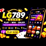 LG789 Game online gaming platform displayed on a smartphone with cards, casino chips, coins, and colorful game categories