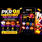PKR 98 Game featuring a mobile gaming interface, card games, slots, casino-style games, bonuses, and PKR 98 branding.
