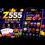 Z555 Game logo icon with bold gold and silver Z555 lettering, crown emblem, playing cards, and premium gaming design