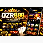 QZR888 Game featured image with gold logo, crown, playing cards, chips, and mobile gaming interface